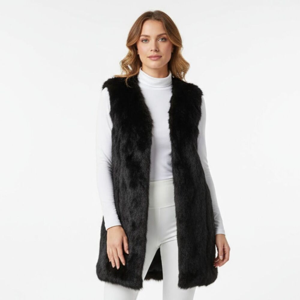 Vera Wang Faux Fur Black Sleeveless Vest L/XL